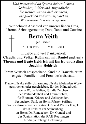 Anzeige von Berta Veith von Reutlinger Generalanzeiger