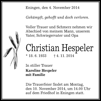 Anzeige von Christian Hespeler von Reutlinger Generalanzeiger