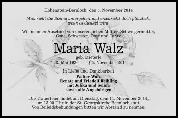 Anzeige von Maria Walz von Reutlinger Generalanzeiger