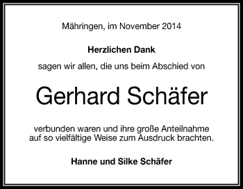 Anzeige von Gerhard Schäfer von Reutlinger Generalanzeiger