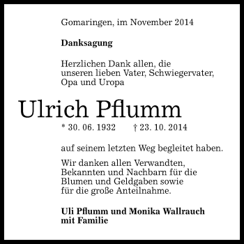 Anzeige von Ulrich Pflumm von Reutlinger Generalanzeiger