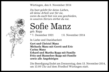 Anzeige von Sofie Manz von Reutlinger Generalanzeiger