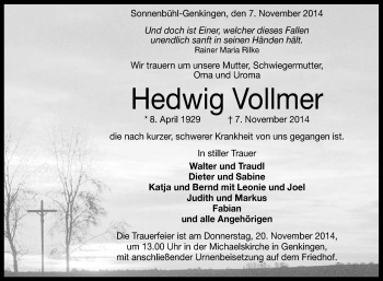Anzeige von Hedwig Vollmer von Reutlinger Generalanzeiger