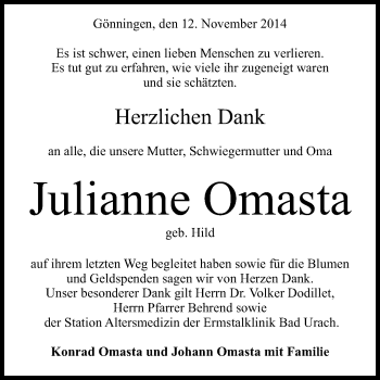 Anzeige von Julianne  Omasta von Reutlinger Generalanzeiger
