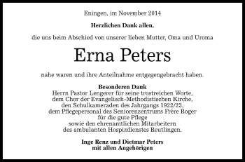 Anzeige von Erna Peters von Reutlinger Generalanzeiger