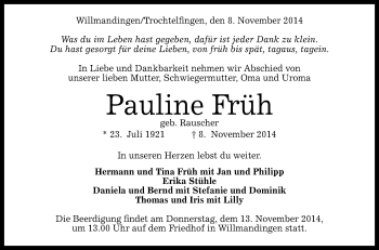 Anzeige von Pauline Früh von Reutlinger Generalanzeiger