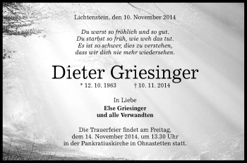 Anzeige von Dieter Griesinger von Reutlinger Generalanzeiger