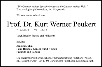 Anzeige von Kurt Werner Peukert von Reutlinger Generalanzeiger