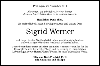 Anzeige von Sigrid Werner von Reutlinger Generalanzeiger