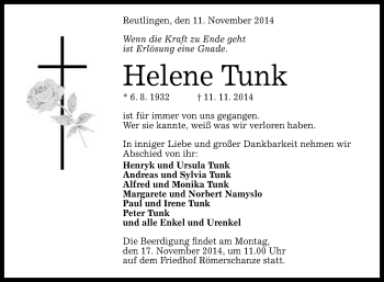 Anzeige von Helene Tunk von Reutlinger Generalanzeiger