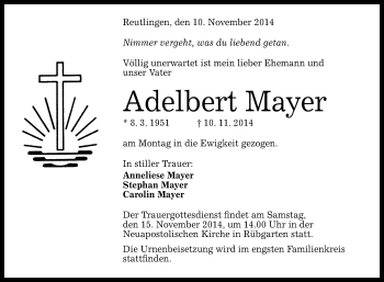 Anzeige von Adelbert Mayer von Reutlinger Generalanzeiger