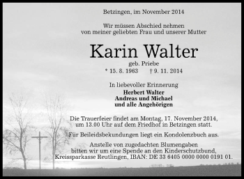 Anzeige von Karin Walter von Reutlinger Generalanzeiger