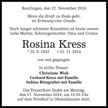 Anzeige von Rosina Kress von Reutlinger Generalanzeiger