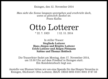 Anzeige von Otto Lotterer von Reutlinger Generalanzeiger