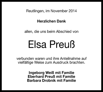 Anzeige von Elsa Preuß von Reutlinger Generalanzeiger