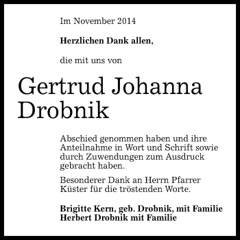 Anzeige von Gertrud Johanna Drobnik von Reutlinger Generalanzeiger