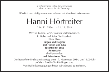 Anzeige von Hanni Hörtreiter von Reutlinger Generalanzeiger