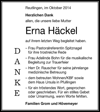 Anzeige von Erna Häckel von Reutlinger Generalanzeiger