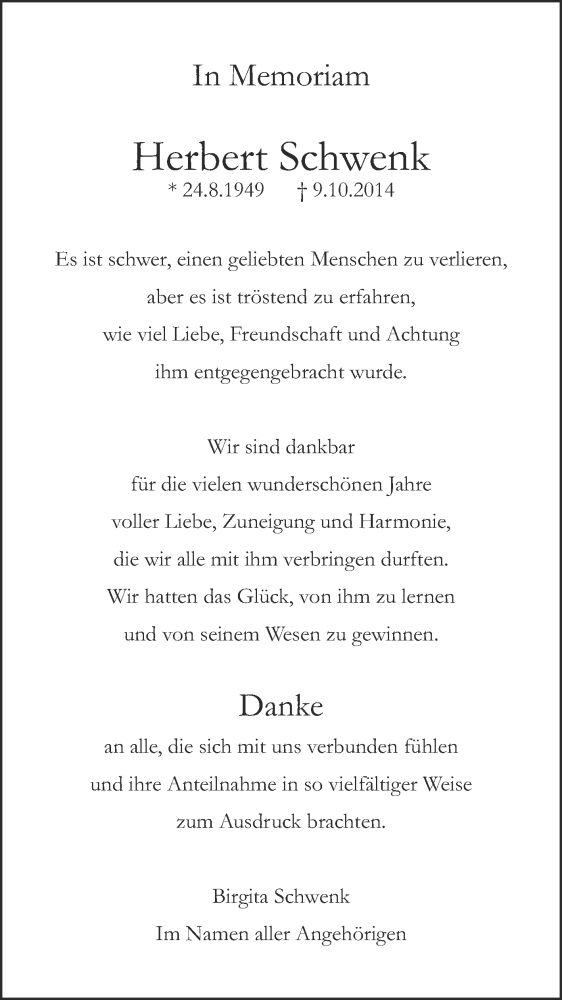  Traueranzeige für Herbert Schwenk vom 15.11.2014 aus Reutlinger Generalanzeiger