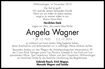 Anzeige von Angela Wagner von Reutlinger Generalanzeiger