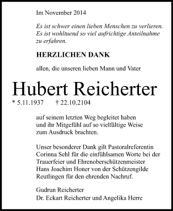 Anzeige von Hubert Reicherter von Reutlinger Generalanzeiger