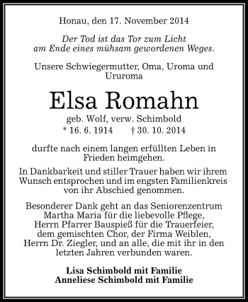 Anzeige von Elsa Romahn von Reutlinger Generalanzeiger