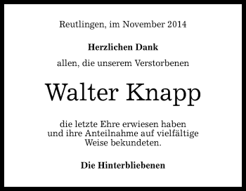 Anzeige von Walter Knapp von Reutlinger Generalanzeiger