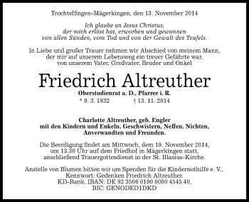 Anzeige von Friedrich Altreuther von Reutlinger Generalanzeiger