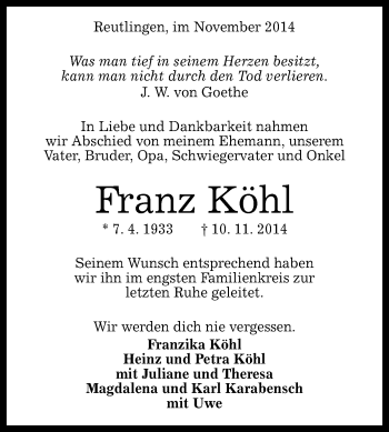 Anzeige von Franz Köhl von Reutlinger Generalanzeiger