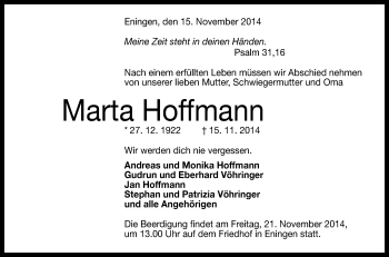 Anzeige von Marta Hoffmann von Reutlinger Generalanzeiger