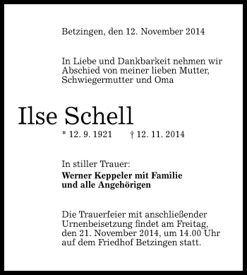 Anzeige von Ilse Schell von Reutlinger Generalanzeiger