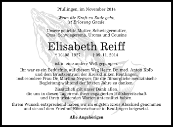 Anzeige von Elisabeth Reiff von Reutlinger Generalanzeiger