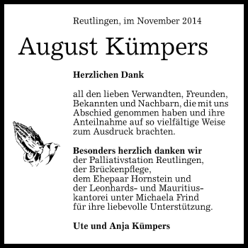Anzeige von August Kümpers von Reutlinger Generalanzeiger