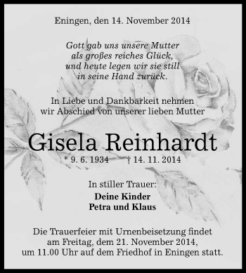 Anzeige von Gisela Reinhardt von Reutlinger Generalanzeiger