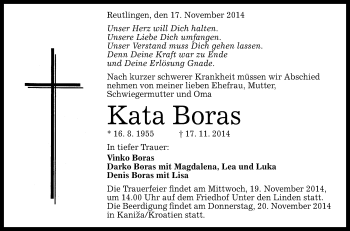 Anzeige von Kata Boras von Reutlinger Generalanzeiger
