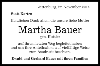 Anzeige von Martha Bauer von Reutlinger Generalanzeiger