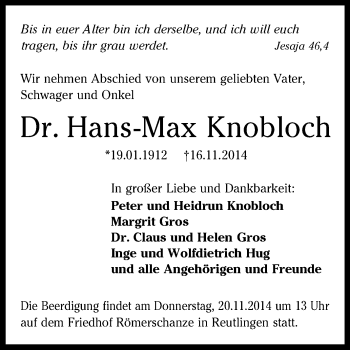 Anzeige von Hans-Max Knobloch von Reutlinger Generalanzeiger