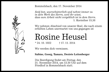 Anzeige von Rosine Heusel von Reutlinger Generalanzeiger