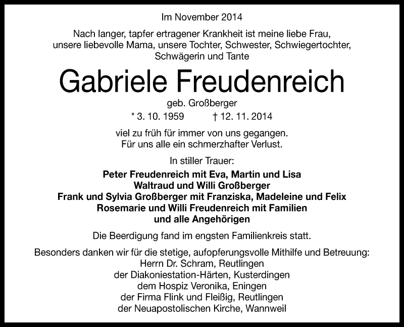  Traueranzeige für Gabriele Freudenreich vom 20.11.2014 aus Reutlinger Generalanzeiger