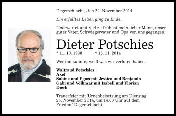 Anzeige von Dieter Potschies von Reutlinger Generalanzeiger