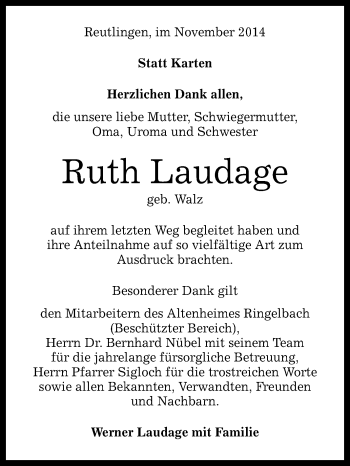Anzeige von Ruth Laudage von Reutlinger Generalanzeiger