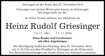 Anzeige von Heinz Rudolf Griesinger von Reutlinger Generalanzeiger