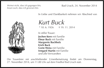 Anzeige von Kurt Buck von Reutlinger Generalanzeiger