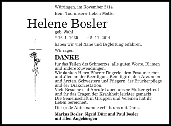 Anzeige von Helene Bosler von Reutlinger Generalanzeiger