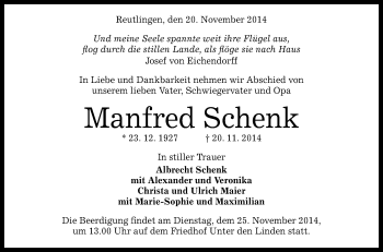 Anzeige von Manfred Schenk von Reutlinger Generalanzeiger