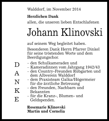Anzeige von Johann Klinovski von Reutlinger Generalanzeiger
