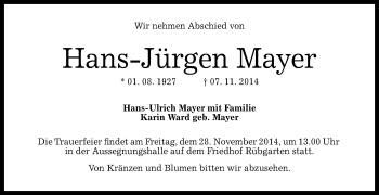 Anzeige von Hans-Jürgen Mayer von Reutlinger Generalanzeiger