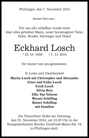 Anzeige von Eckhard Losch von Reutlinger Generalanzeiger