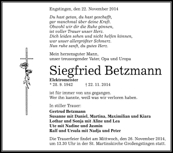 Anzeige von Siegfried Betzmann von Reutlinger Generalanzeiger