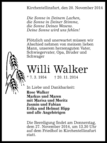 Anzeige von Willi Walker von Reutlinger Generalanzeiger